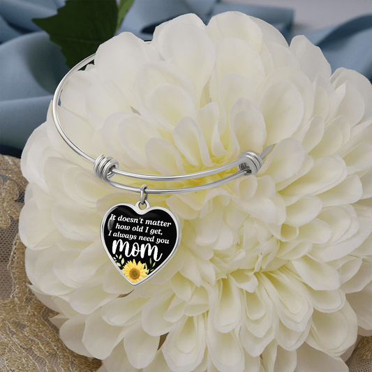 Silver heart charm bracelet with engraved quote for mom