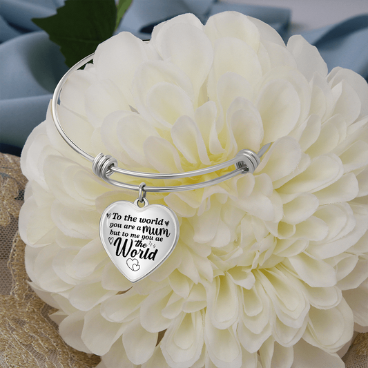 Silver heart charm bracelet with engraved quote for mom