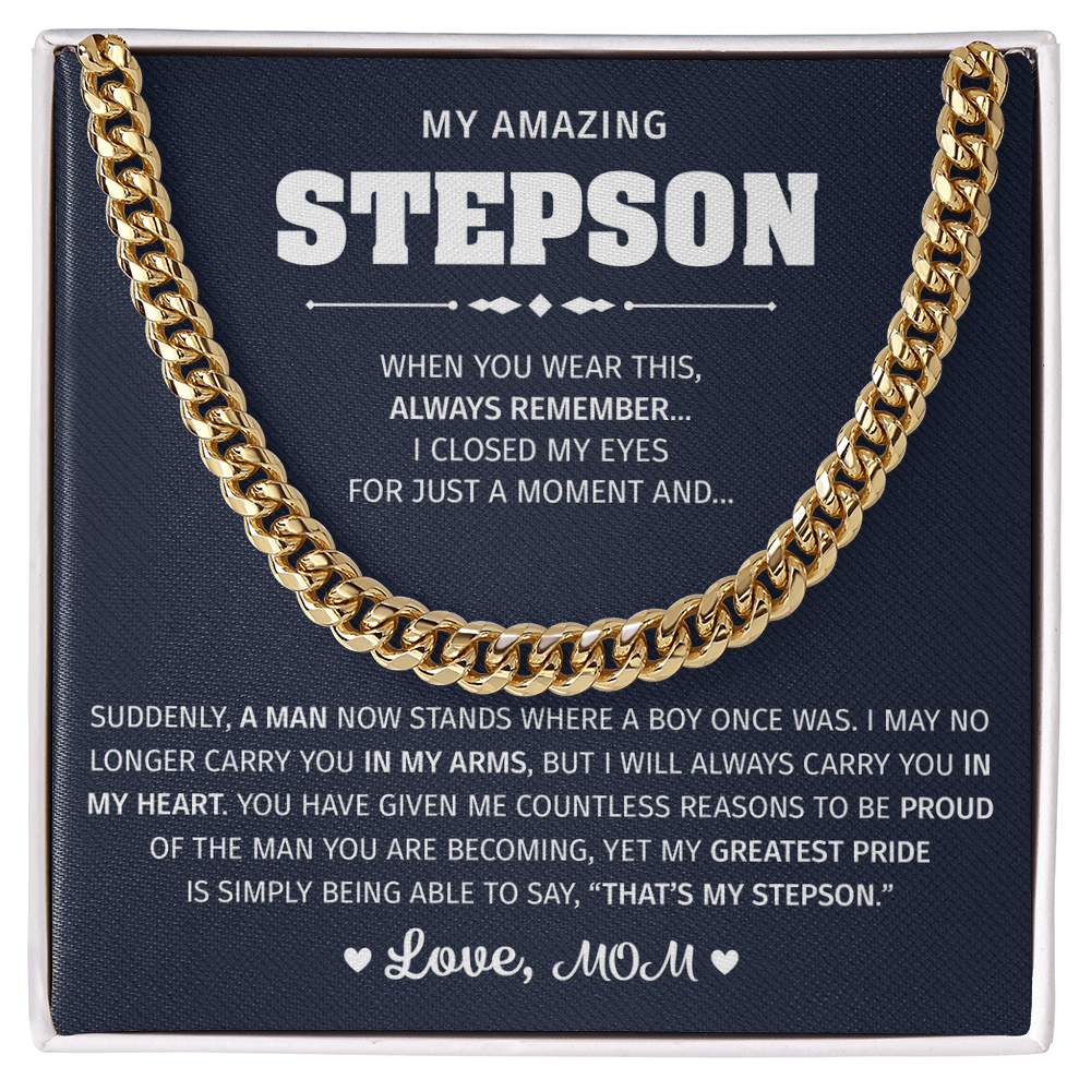 A sentimental necklace for a stepson from his mother.