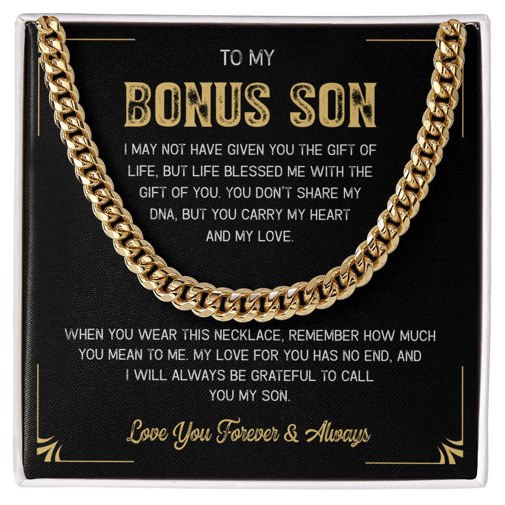 A gift box with the words "My Loving Bonus Son".