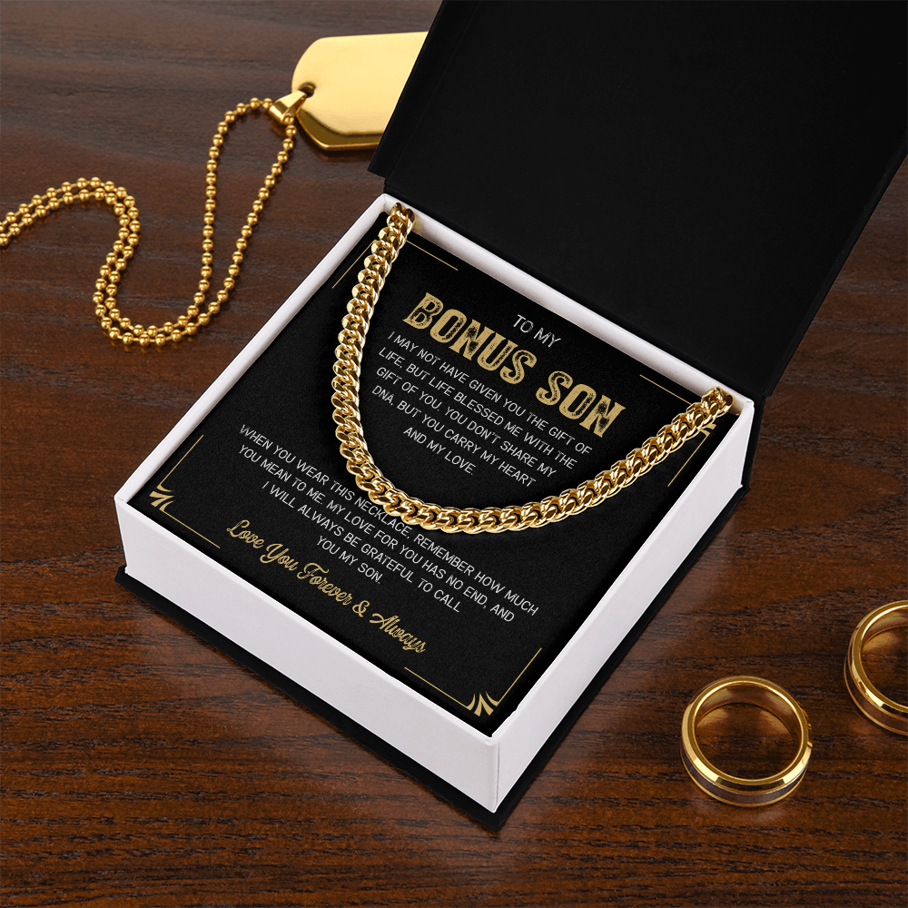 A gift box with the words "My Loving Bonus Son".
