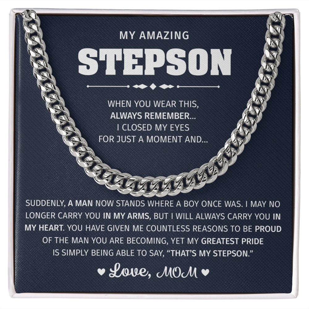 Silver necklace with an emotional message for a stepson.