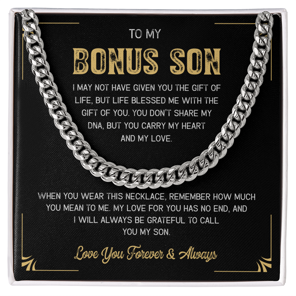 A gift box with the words "My Loving Bonus Son".
