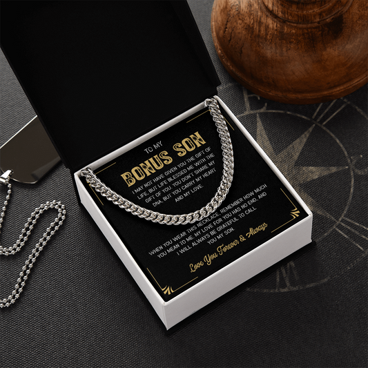 A gift box with the words "My Loving Bonus Son".