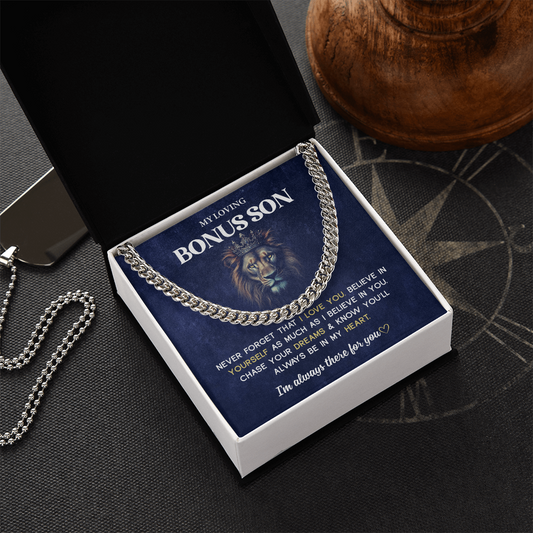 A gift box with the words "My Loving Bonus Son".