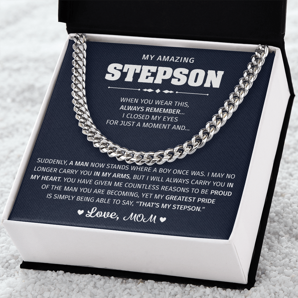 Silver necklace with an emotional message for a stepson.