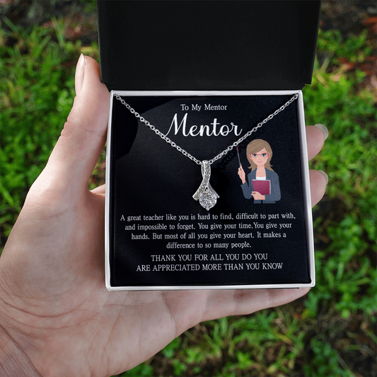 a teacher necklace with a heartfelt message card