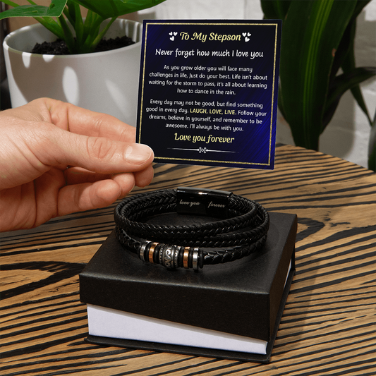 Gift box with a braided leather bracelet.