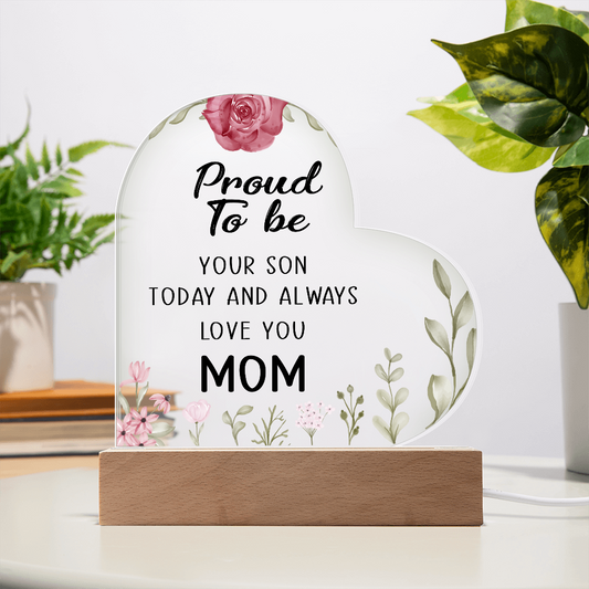 Elegant heart-shaped acrylic LED night light with a sentimental message for moms.