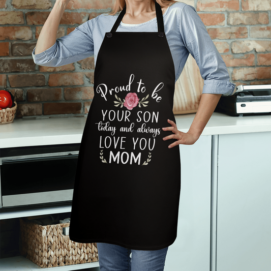 Black kitchen apron with a sentimental message for moms.