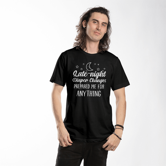 Black T-shirt featuring a funny parenting-themed design.