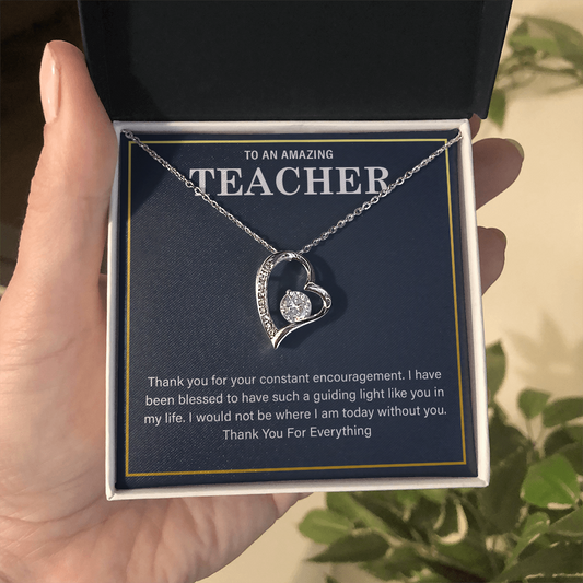 teacher gift necklace with heartfelt message in a display box.