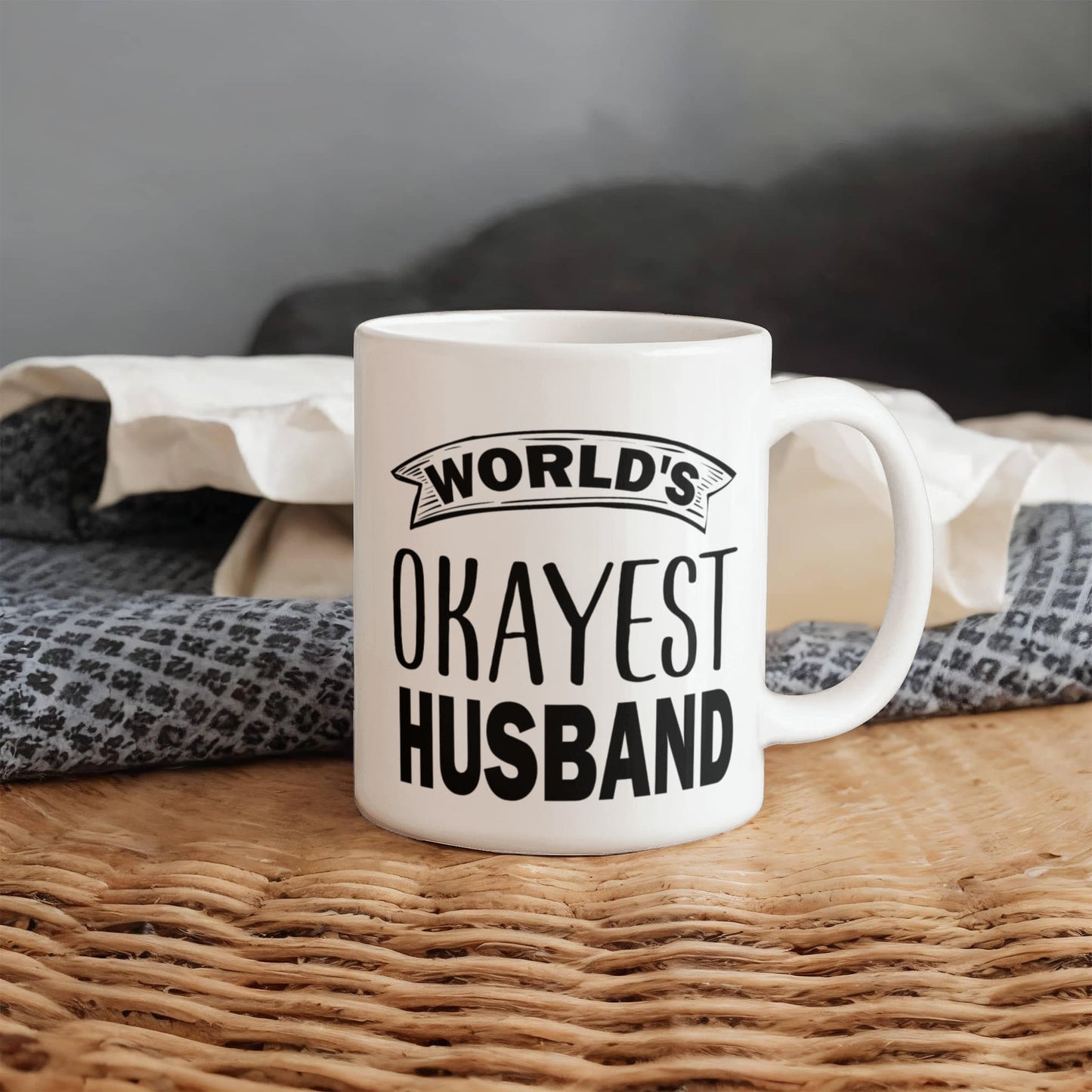White ceramic mug with a humorous printed message for husbands