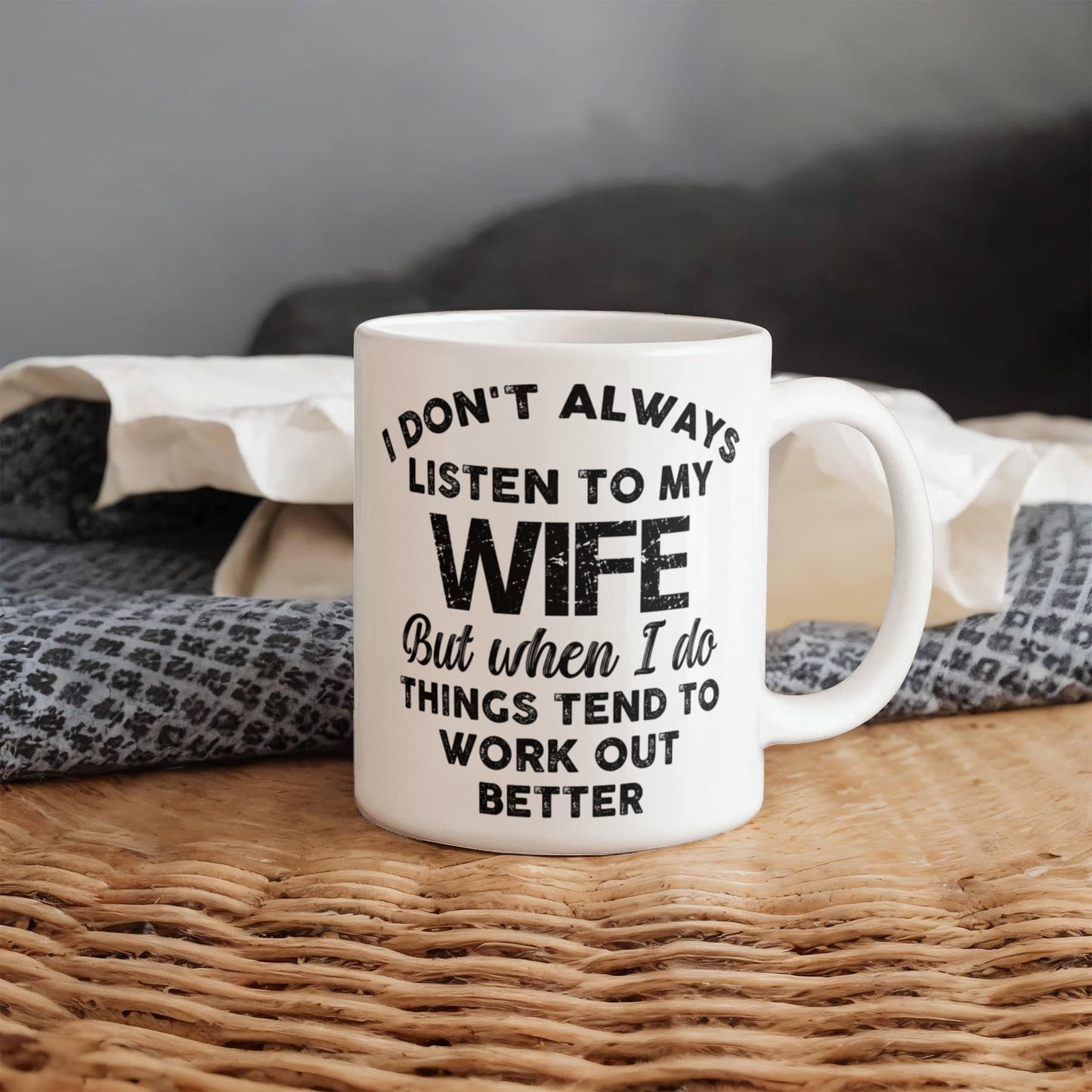 White ceramic mug with a printed message for Wife