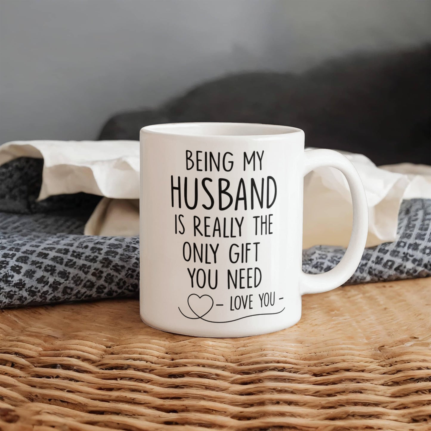 White ceramic mug with a humorous printed message for husbands