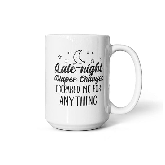 White ceramic mug with a printed message