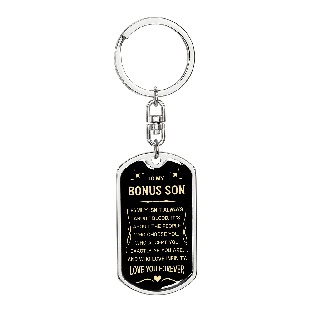"Bonus Son" keychain in a deep blue and white design.

