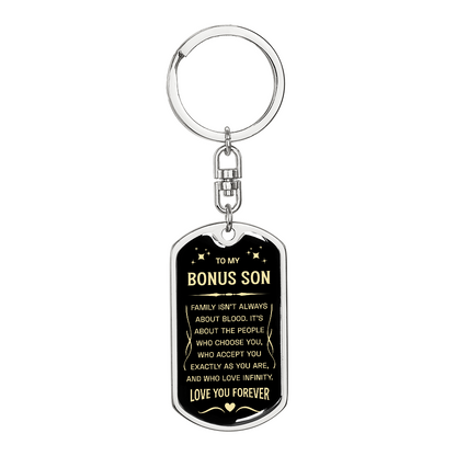 "Bonus Son" keychain in a deep blue and white design.

