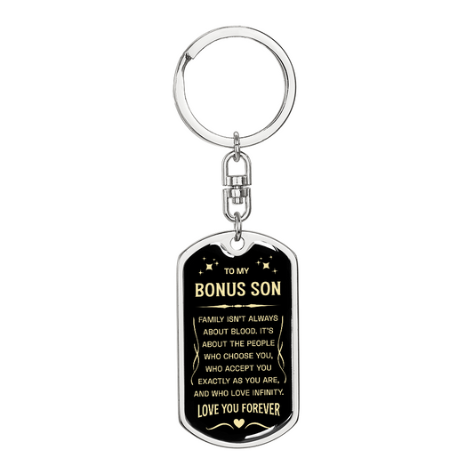 "Bonus Son" keychain in a deep blue and white design.

