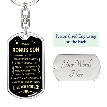 "Bonus Son" keychain in a deep blue and white design.

