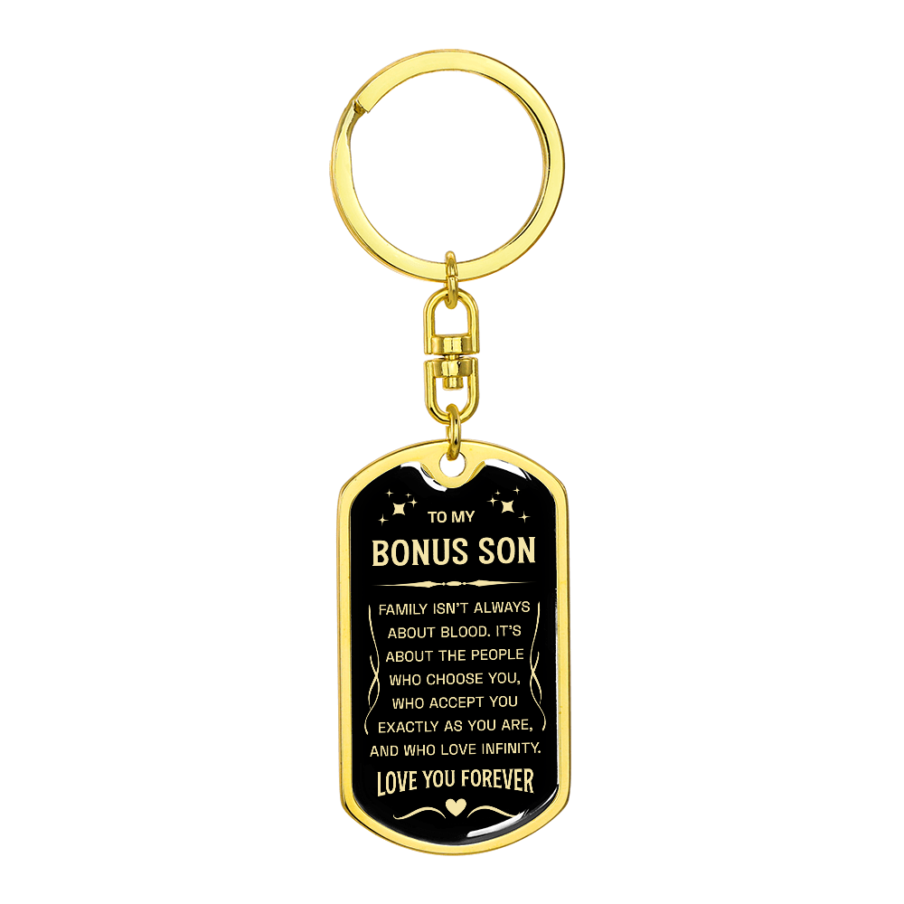 "Bonus Son" keychain in a deep blue and white design.

