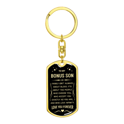 "Bonus Son" keychain in a deep blue and white design.


