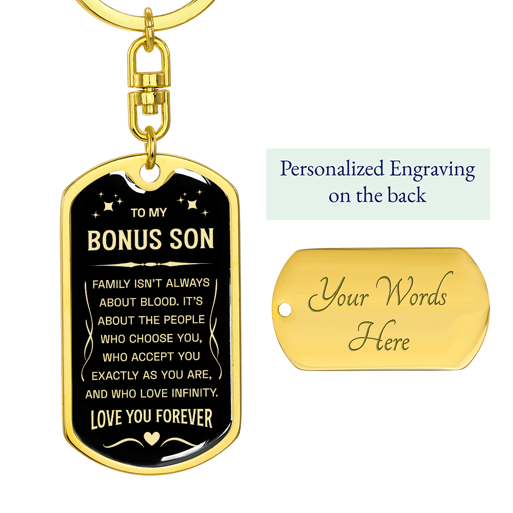 "Bonus Son" keychain in a deep blue and white design.

