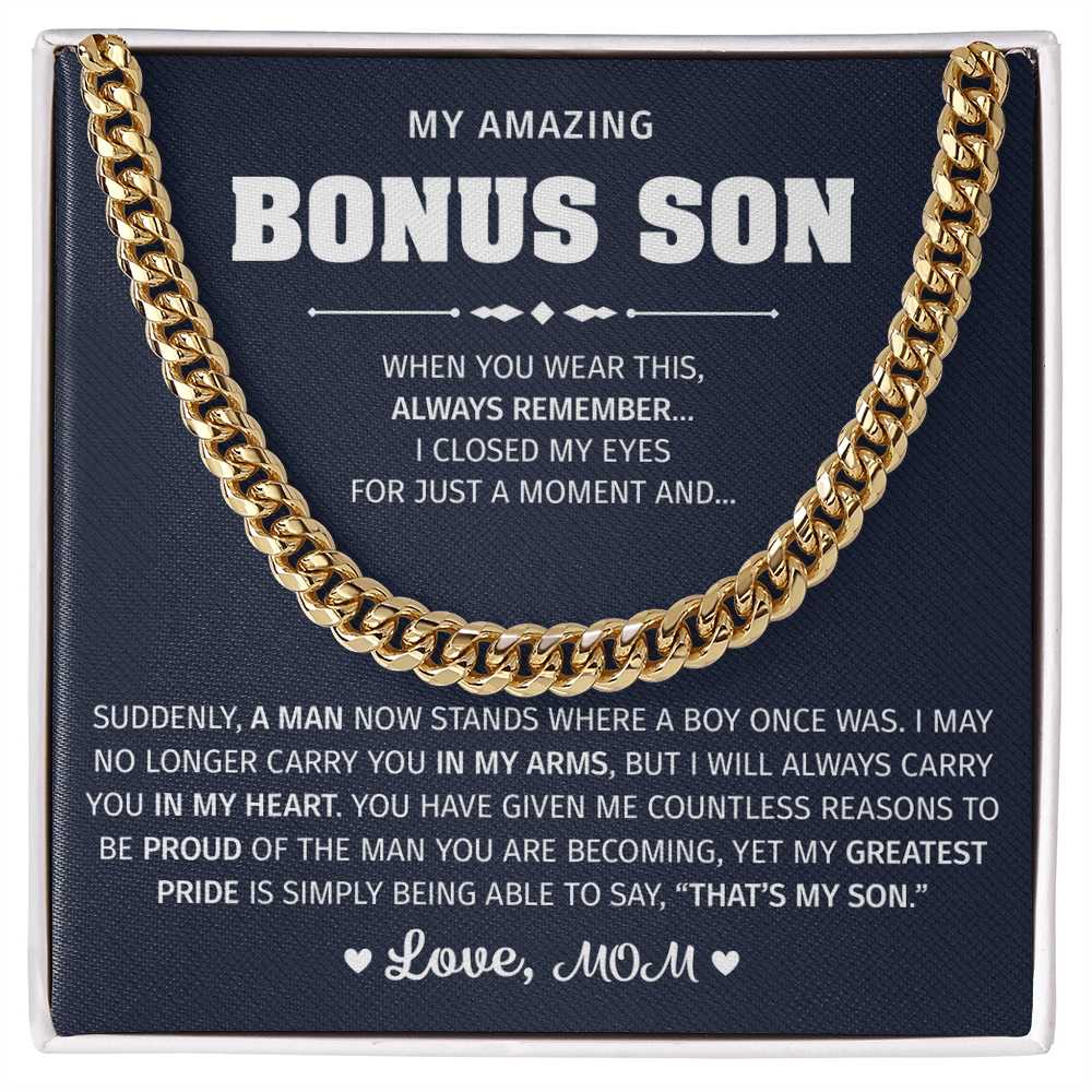 Gold necklace with a lion graphic for a bonus son.