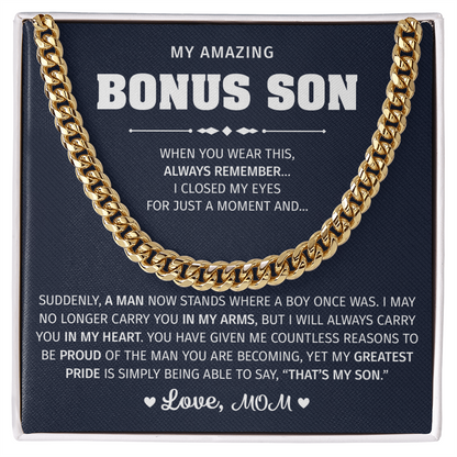 Gold necklace with a lion graphic for a bonus son.