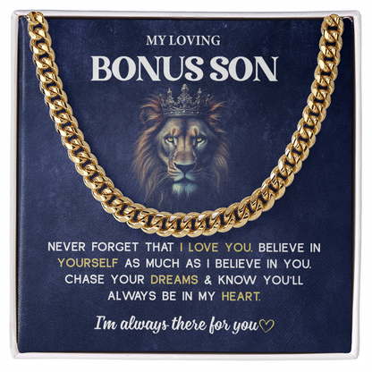 A gift box with the words "My Loving Bonus Son".

