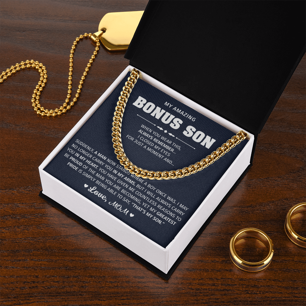 Gold necklace with a lion graphic for a bonus son.