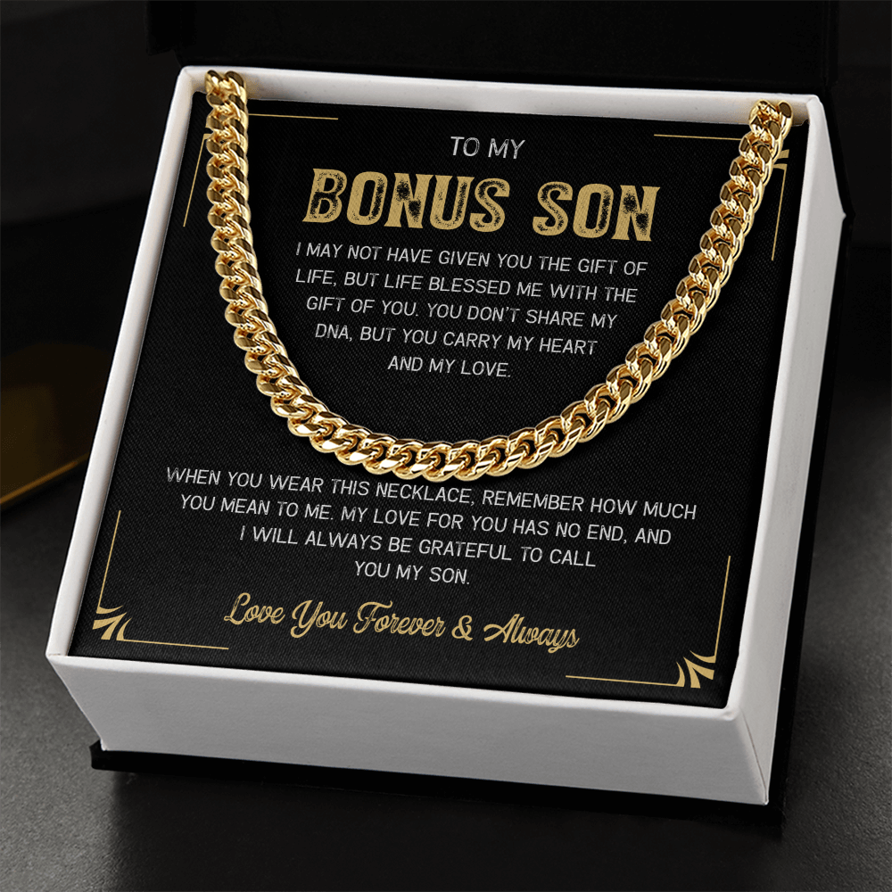 A gift box with the words "My Loving Bonus Son".

