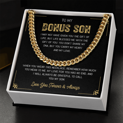 A gift box with the words "My Loving Bonus Son".


