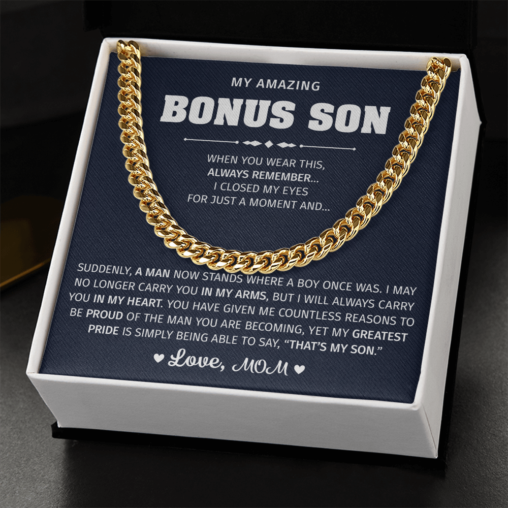 Gold necklace with a lion graphic for a bonus son.