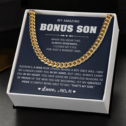 Gold necklace with a lion graphic for a bonus son.