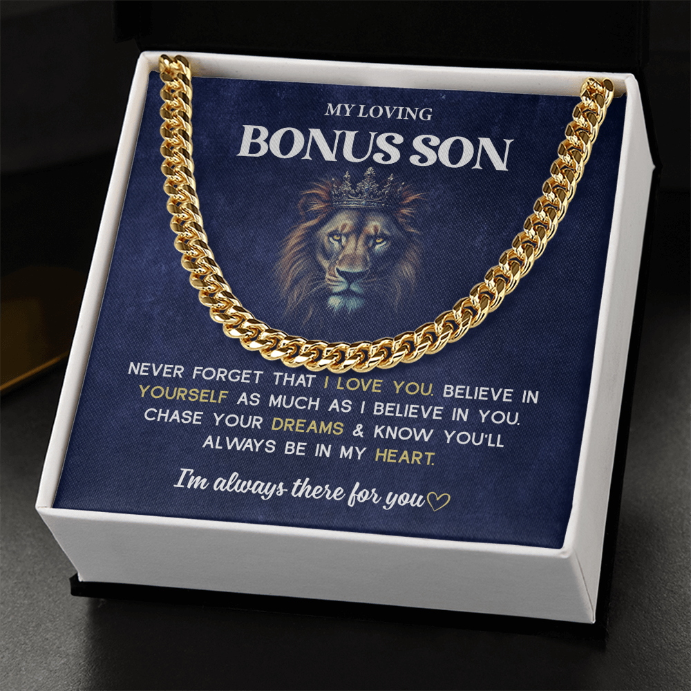 A gift box with the words "My Loving Bonus Son".

