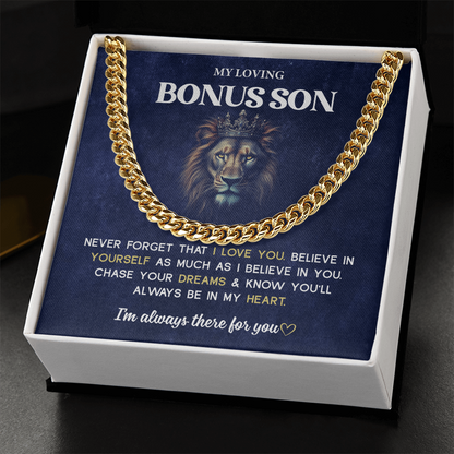 A gift box with the words "My Loving Bonus Son".

