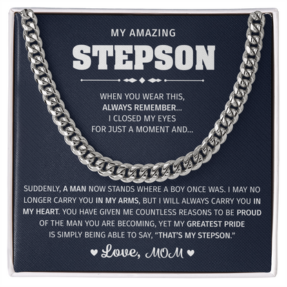 Silver necklace with an emotional message for a stepson.


