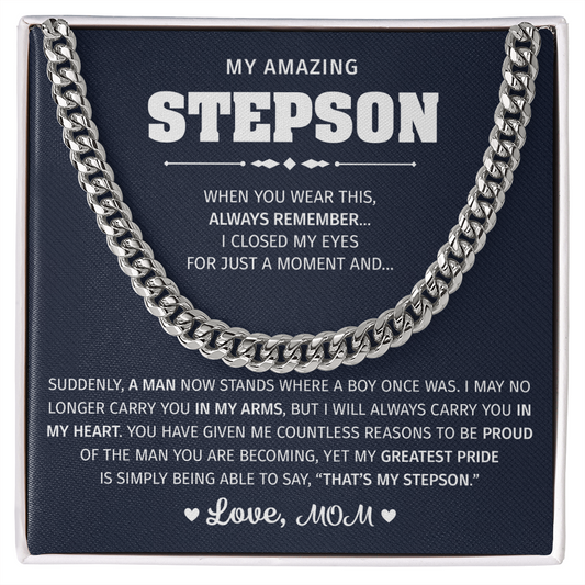 Silver necklace with an emotional message for a stepson.

