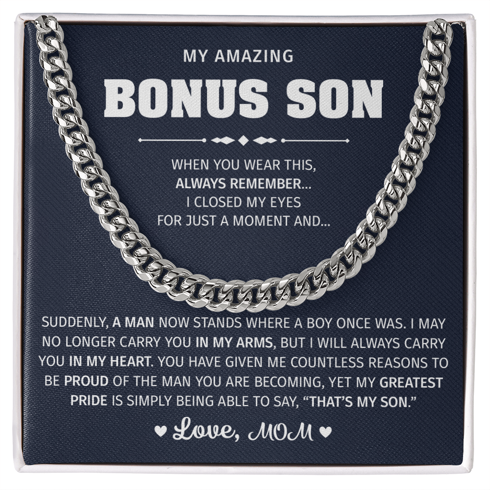 Silver necklace with a lion graphic for a bonus son.
