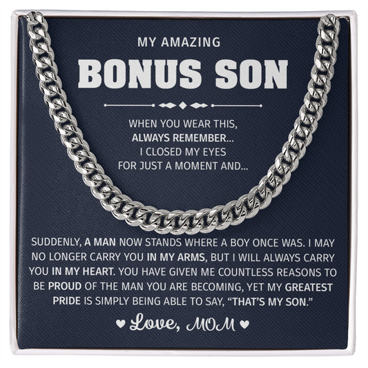 Silver necklace with a lion graphic for a bonus son.