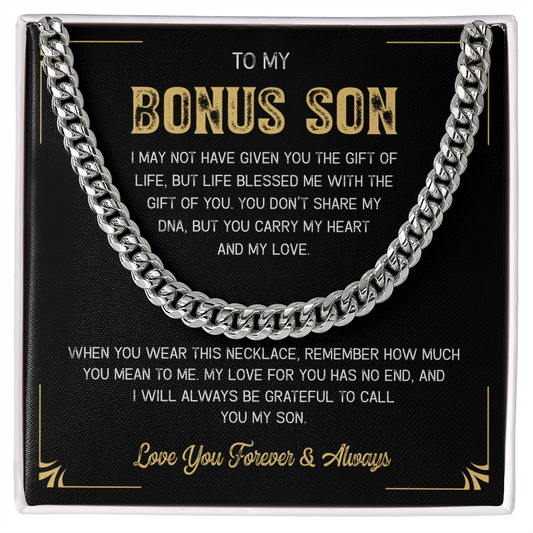 A gift box with the words "My Loving Bonus Son".

