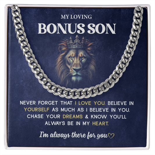 A gift box with the words "My Loving Bonus Son".

