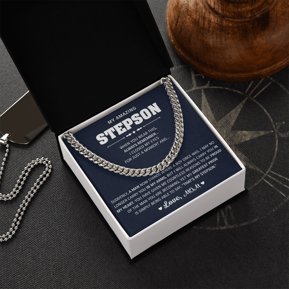 Silver necklace with an emotional message for a stepson.

