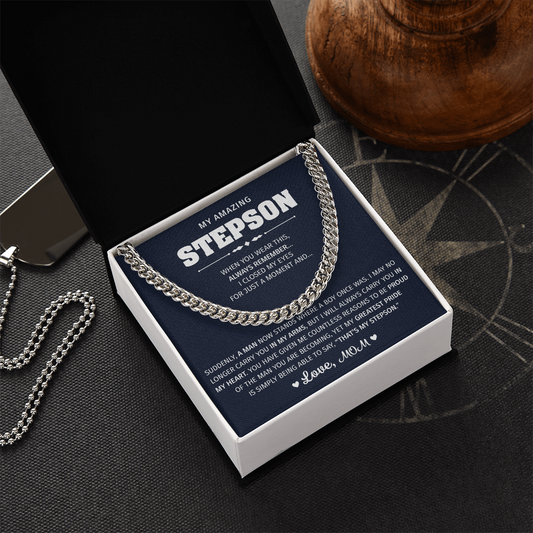 Silver necklace with an emotional message for a stepson.


