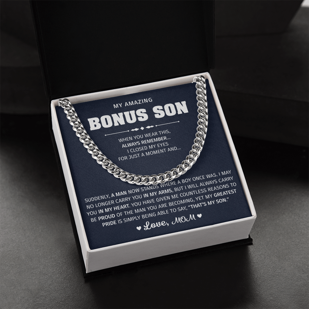 Silver necklace with a lion graphic for a bonus son.