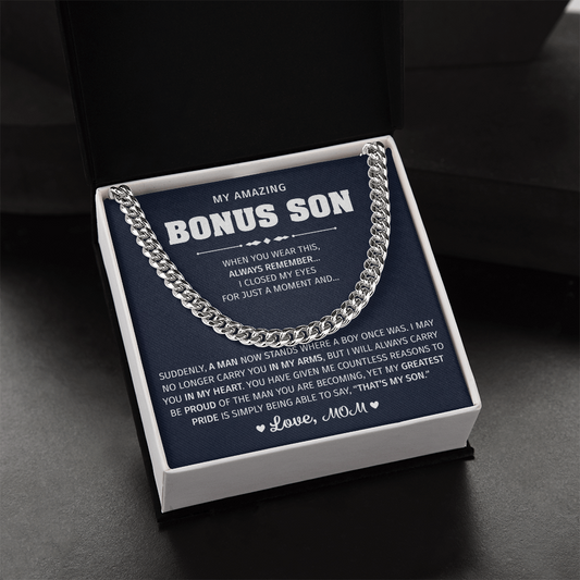 Silver necklace with a lion graphic for a bonus son.