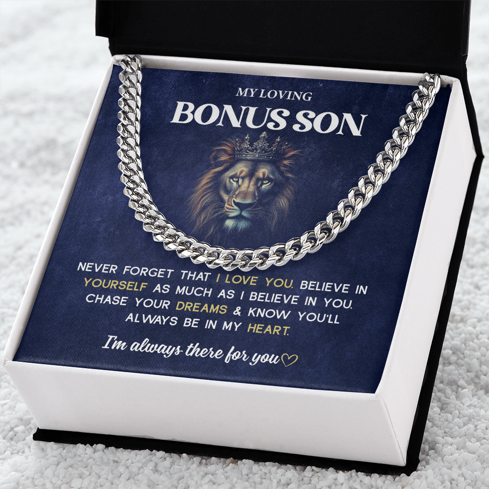 A gift box with the words "My Loving Bonus Son".


