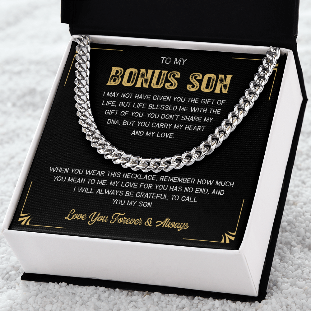A gift box with the words "My Loving Bonus Son".


