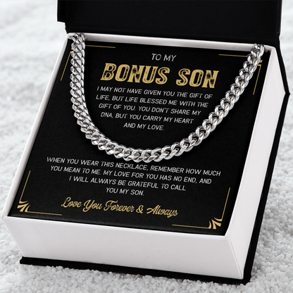 A gift box with the words "My Loving Bonus Son".

